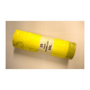 SAC POUBELLE A LIEN COULISSANT DASRI PEBD jaune 50L 23µ 680x750 20 x25 rouleaux