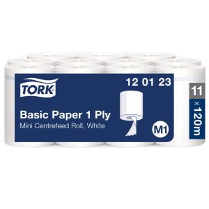 BOBINE MINI ESSUYAGE BASIC M1 à dévidage central blanc 1 pli 120M x11