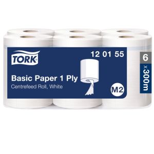 PAPIER D'ESSUYAGE BASIC M2 bobine dévidage central blanc 300M 1 pli x6
