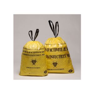 SAC POUBELLE A LIEN COULISSANT DASRI PEBD jaune 50L 24µ 680x750 25 x20 rouleaux