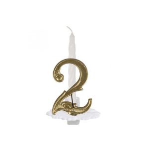 BOUGIE ANNIVERSAIRE blanche avec support blanc 2 or 7CM Boite de 10